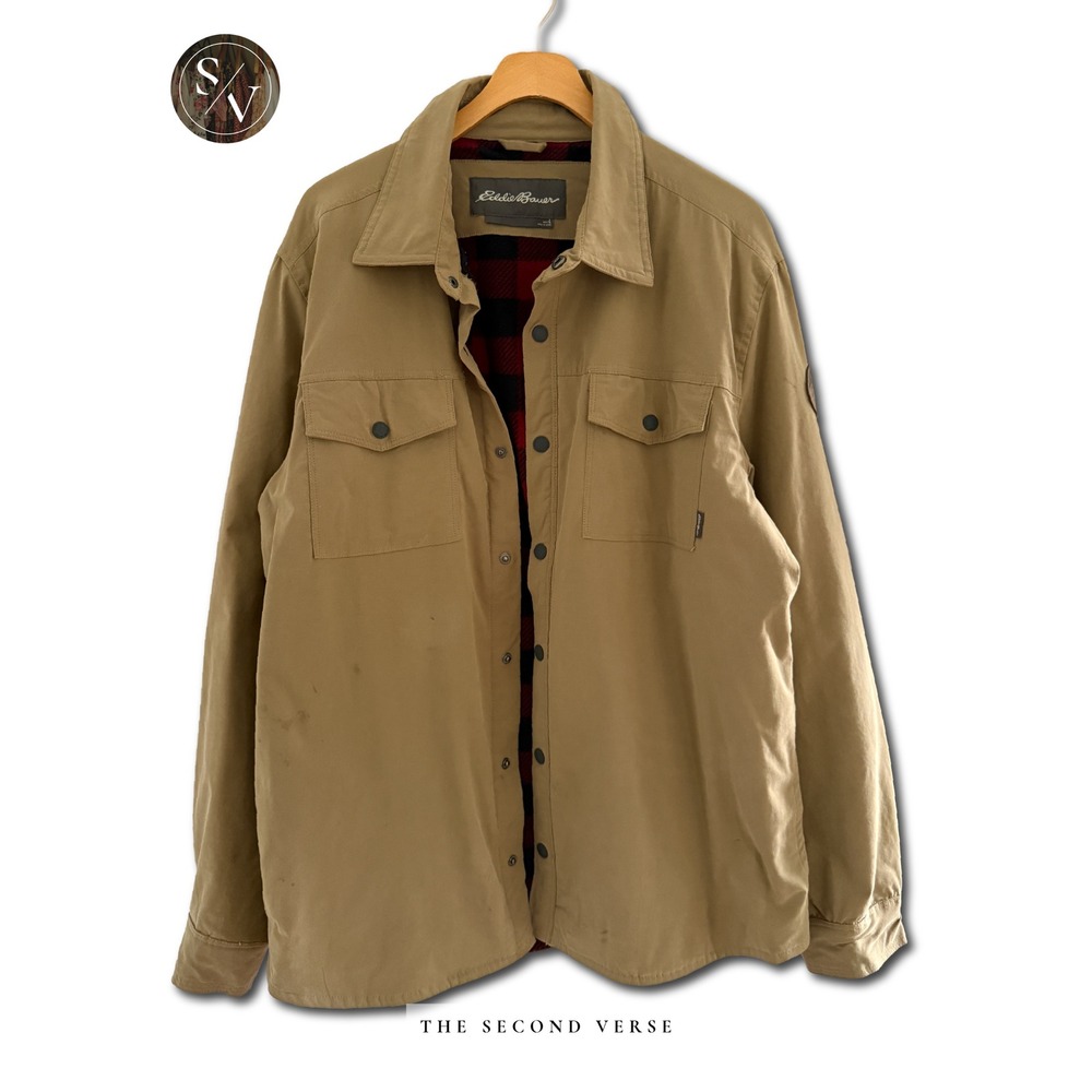 Eddie Bauer Mens L Tan Plaid Fleece Lined Snap Front Shirt Jacket EM32LW243